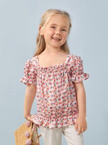 SHEIN Toddler Girls Puff Sleeve Ditsy Floral Top - Multicolor - View 1