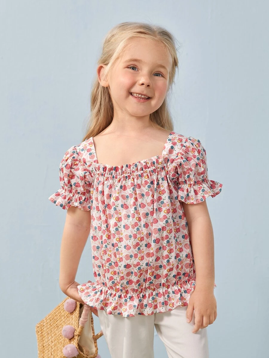 SHEIN Toddler Girls Puff Sleeve Ditsy Floral Top - Multicolor - View 1