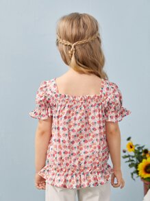 SHEIN Toddler Girls Puff Sleeve Ditsy Floral Top - Multicolor - View 2