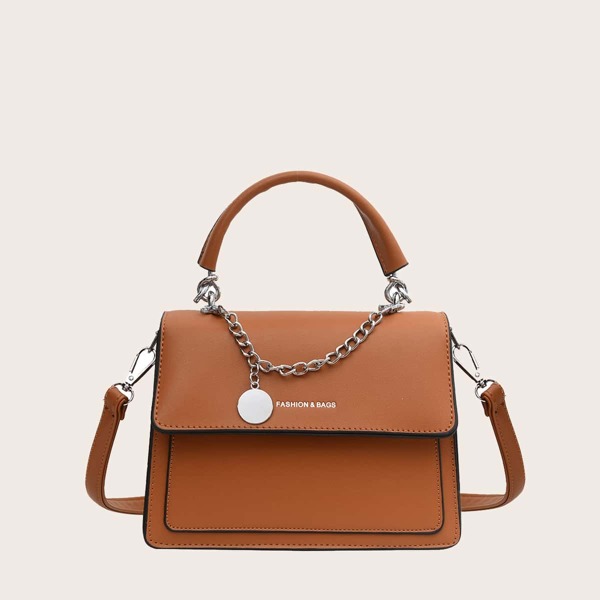 

Letter Graphic Flap Satchel Bag, Brown