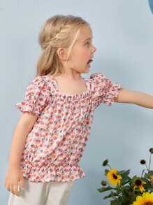 SHEIN Toddler Girls Puff Sleeve Ditsy Floral Top - Multicolor - View 3