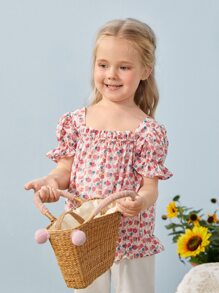 SHEIN Toddler Girls Puff Sleeve Ditsy Floral Top - Multicolor - View 5