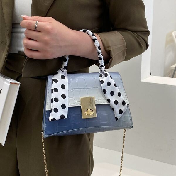 

Twilly Scarf Decor Croc Embossed Chain Bag, Blue