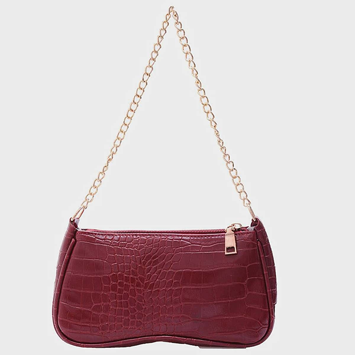 

Croc Embossed Chain Baguette Bag, Red