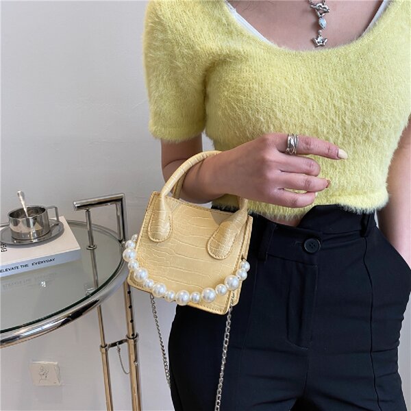 

Faux Pearl Decor Croc Embossed Satchel Bag, Yellow
