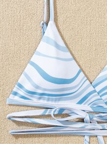 3 paquetes Conjunto de bikini con estampado de olas y falda de playa, para vacaciones de verano - Azul y blanco - Ver 3