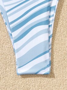 3 paquetes Conjunto de bikini con estampado de olas y falda de playa, para vacaciones de verano - Azul y blanco - Ver 5