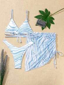 3 paquetes Conjunto de bikini con estampado de olas y falda de playa, para vacaciones de verano - Azul y blanco - Ver 6
