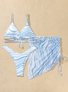 3 paquetes Conjunto de bikini con estampado de olas y falda de playa, para vacaciones de verano - Azul y blanco - Ver 7
