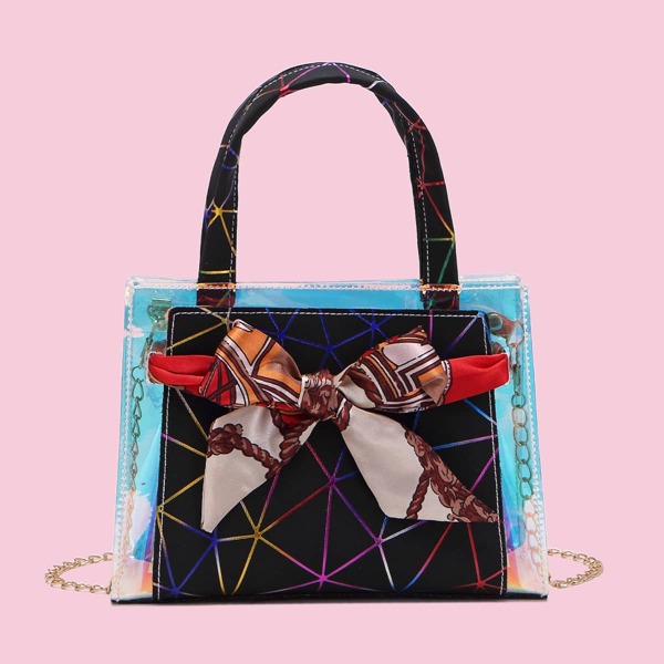 

Twilly Scarf Decor Holographic Chain Bag, Black