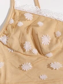 Top de tirantes corto con encaje en contraste - Caqui - Ver 4