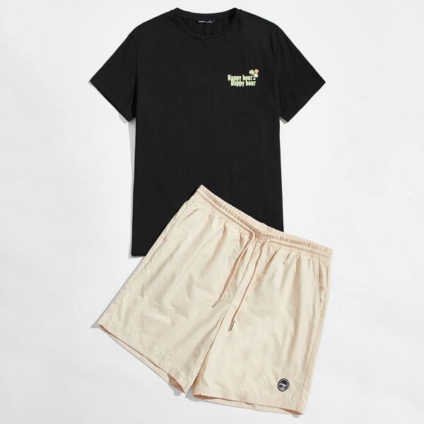 

Men Letter Graphic Tee & Shorts Set, Multicolor