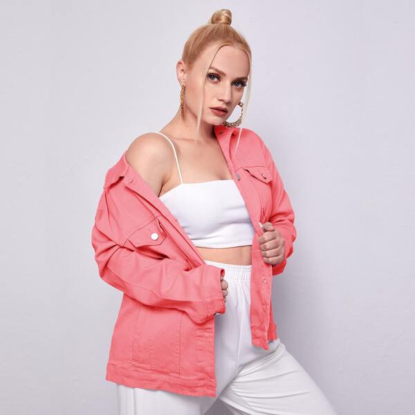 

Plus Drop Shoulder Flap Pocket Denim Jacket, Pink