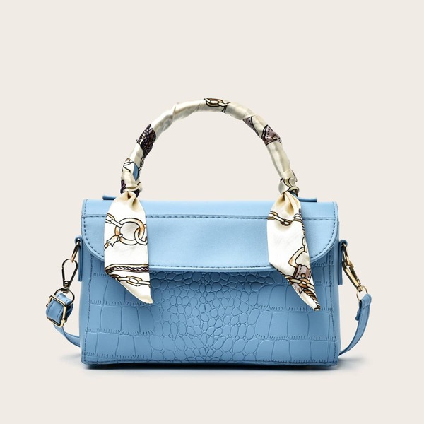 

Twilly Scarf Decor Croc Embossed Satchel Bag, Blue