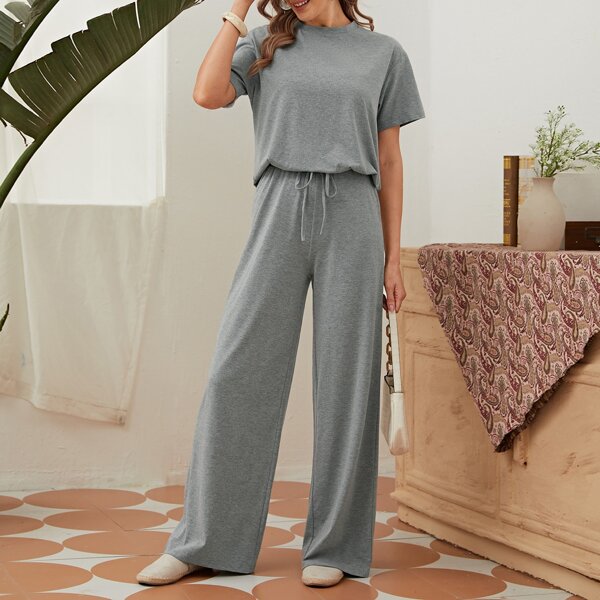 

Solid Top & Wide Leg Pants Set, Grey
