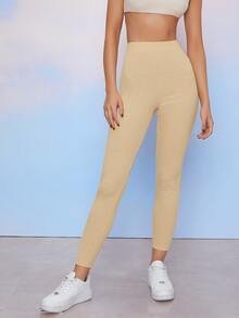 SHEIN EZwear Rib-knit Skinny Leggings - Apricot - View 5
