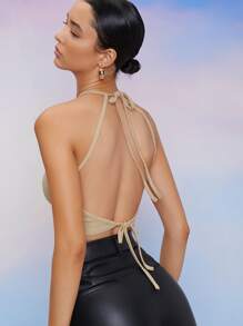 SHEIN BAE Áo hai dây Lộ Lưng màu trơn Gợi cảm - Màu Khaki - Xem 2