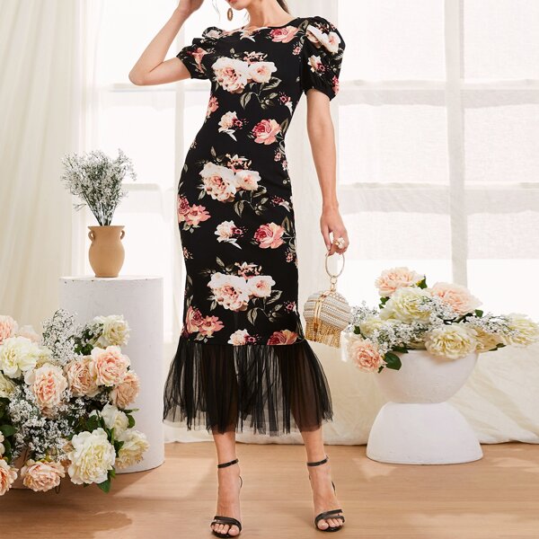 

Floral Puff Sleeve Contrast Mesh Mermaid Dress, Multicolor