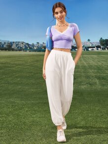 SHEIN Qutie Lace Trim Raglan Sleeve Ruched Rib-knit Crop Tee - Lilac Purple - View 4