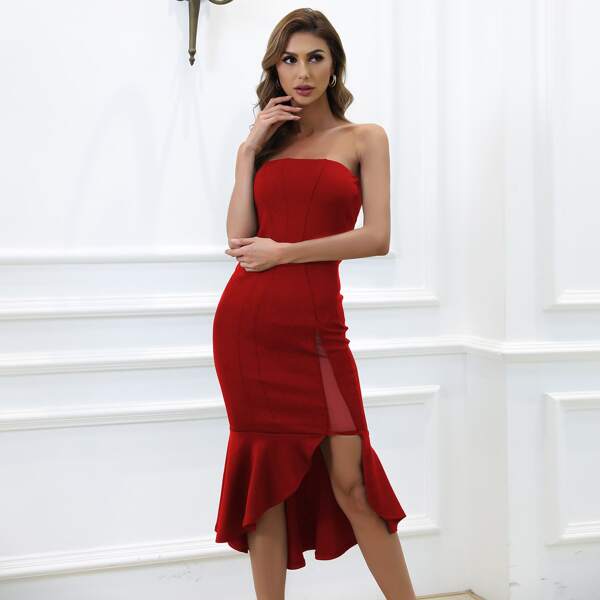 

Zip Back Mesh Insert Mermaid Hem Tube Dress, Burgundy