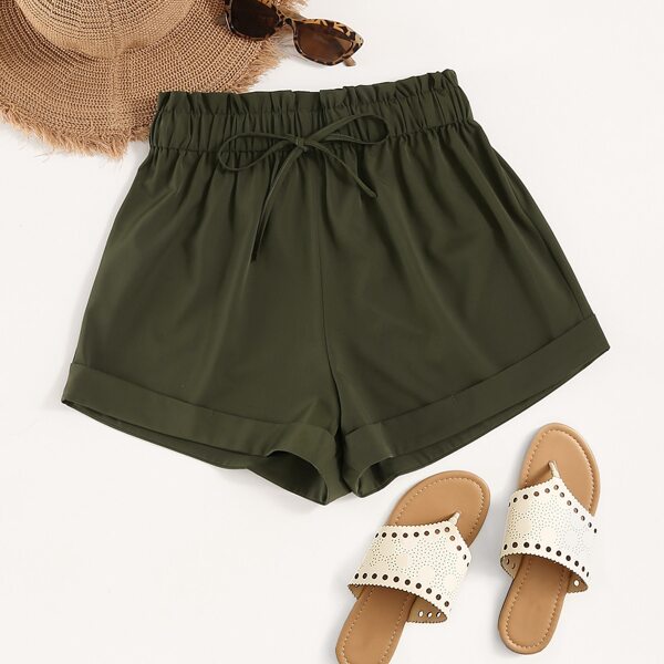 

Plus Solid Paper Bag Waist Shorts, Army green