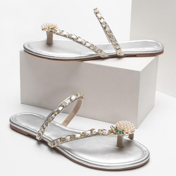

Faux Pearl Decor Thong Sandals, Silver