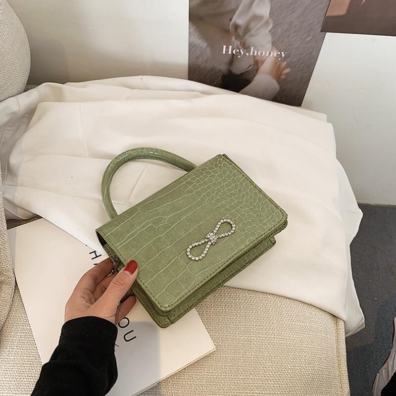 

Rhinestone Bow Croc Embossed Satchel Bag, Green