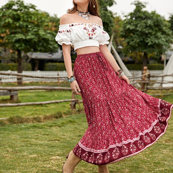 

Off Shoulder Floral Embroidery Top & Skirt Set, Red and white