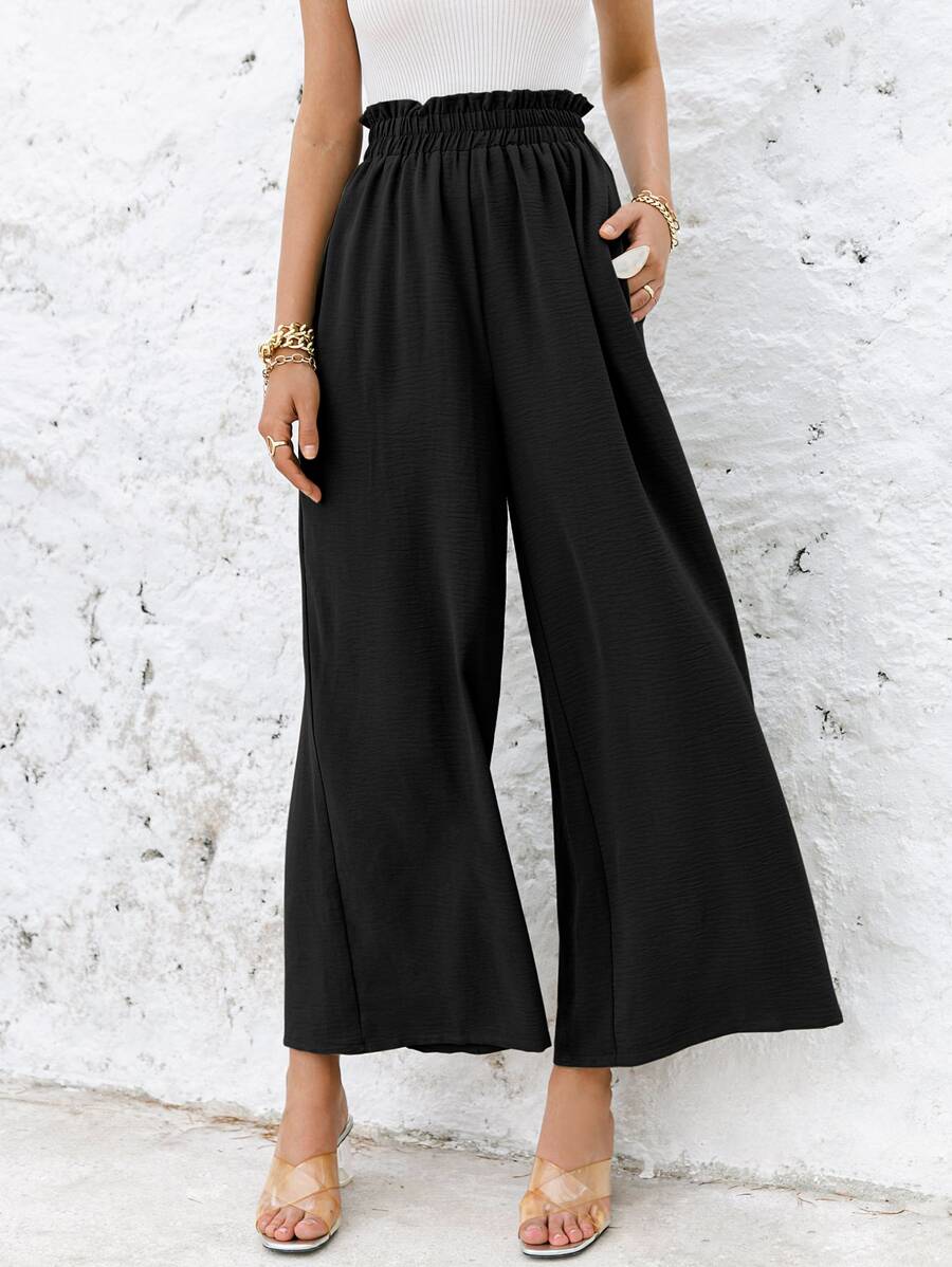 Simplee Paperbag Waist Wide Leg Pants - Black - View 1