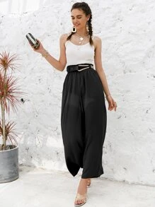 Simplee Paperbag Waist Wide Leg Pants - Black - View 3