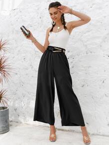 Simplee Paperbag Waist Wide Leg Pants - Black - View 5