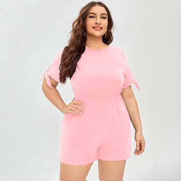 

Plus Knot Cuff Tie Back A-line Romper, Baby pink