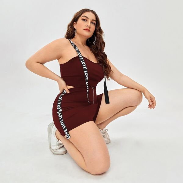

Plus Letter Tape Strap Cami Top With Zip Up Shorts, Burgundy