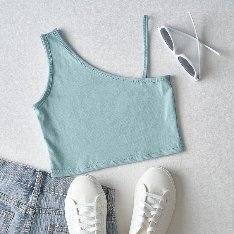 

Asymmetrical Neck Crop Top, Cadet blue