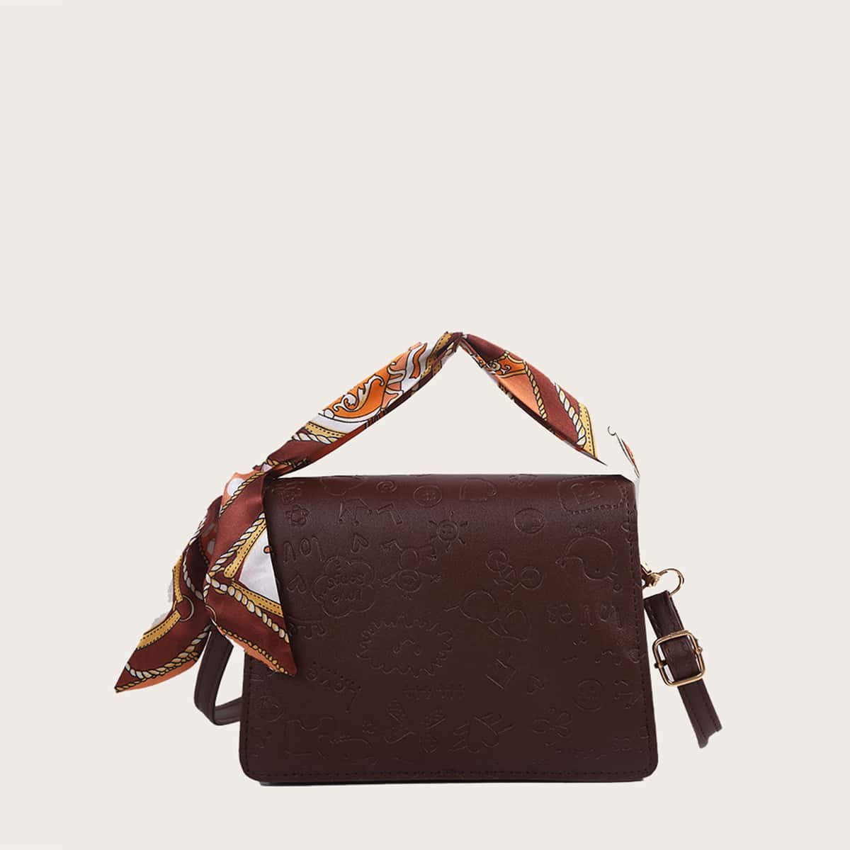 

Scarf Knot Cartoon Embossed Satchel Bag, Brown