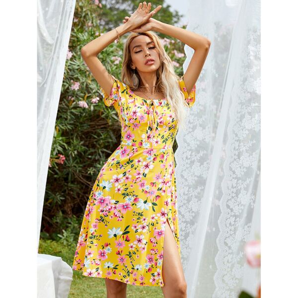 

Floral Flounce Sleeve Knot Split Thigh Dress, Multicolor