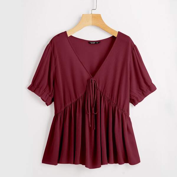 

Plus V-neck Tie Front Peplum Blouse, Burgundy
