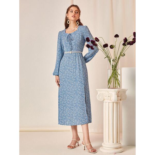 

Knot Front Ditsy Floral Dress Without Belt, Blue