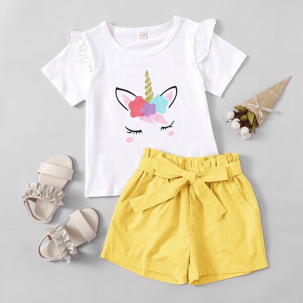 

Toddler Girls Cartoon Unicorn Print Ruffle Trim Tee & Belted Shorts, Multicolor