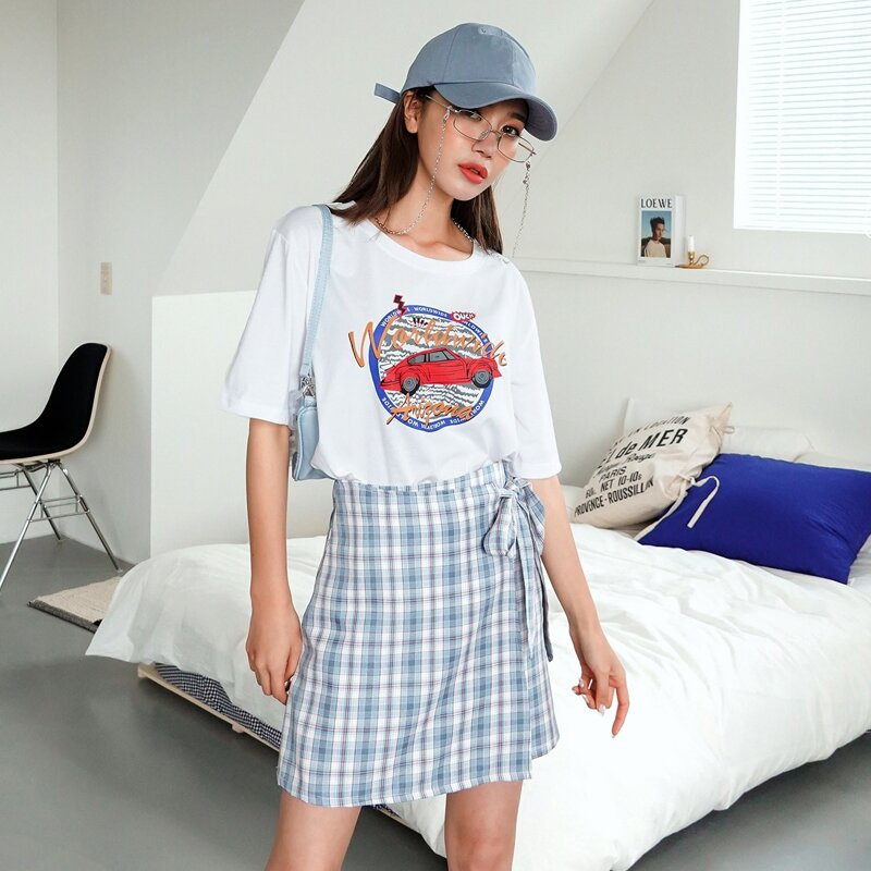

Car Graphic Tee & Plaid Knot Side Skirt, Blue and white