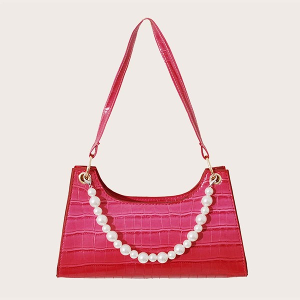 

Faux Pearl Beaded Croc Embossed Shoulder Bag, Pink