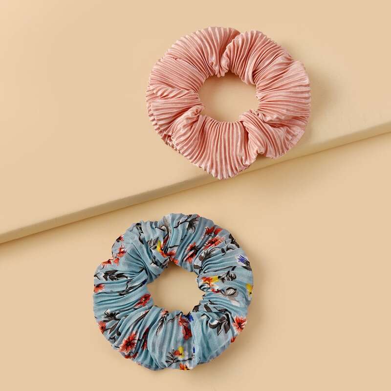 

2pcs Floral Pleated Scrunchie, Multicolor