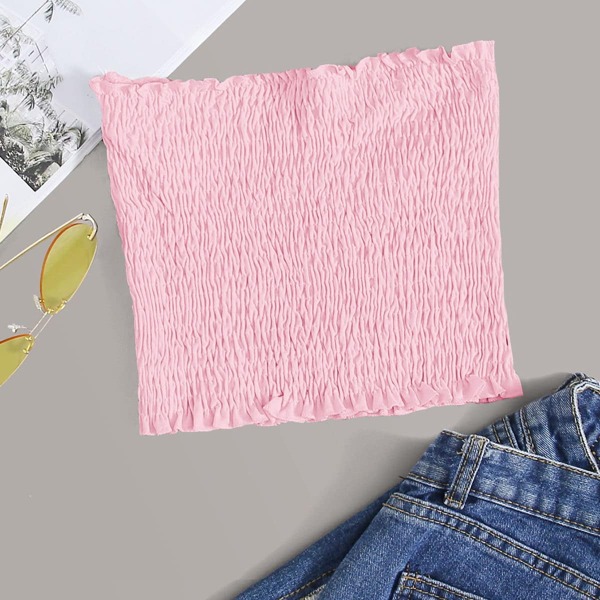 

Frill Trim Shirred Tube Top, Pastel baby pink