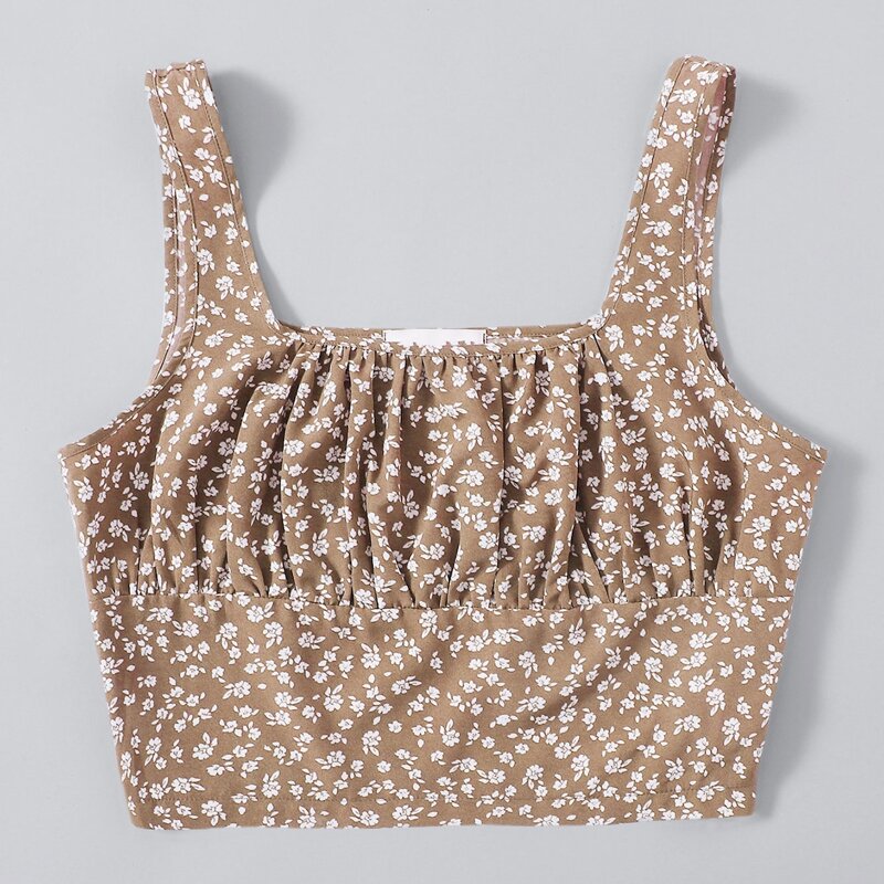 

Ditsy Flower Ruched Bust Crop Tank Top, Mocha brown
