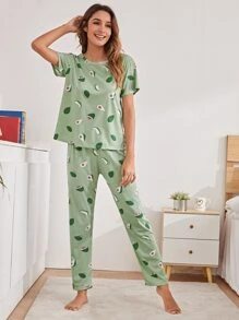 SHEIN Unity Allover Fruit Pyjama Set With Eye Cover - Mint Green - View 3