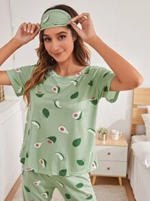 SHEIN Unity Allover Fruit Pyjama Set With Eye Cover - Mint Green - View 5