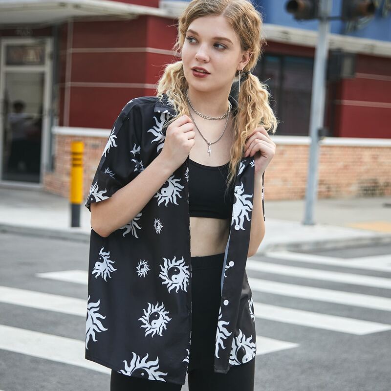 

Yin And Yang Print Button Front Blouse, Black