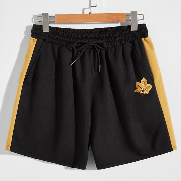 

Men Leaf Print Panel Track Shorts, Black