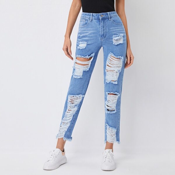 

High Waist Ripped Raw Hem Jeans, Light wash