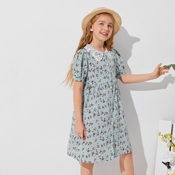 

Girls Guipure Lace Peter Pan Collar Ditsy Floral Dress, Multicolor